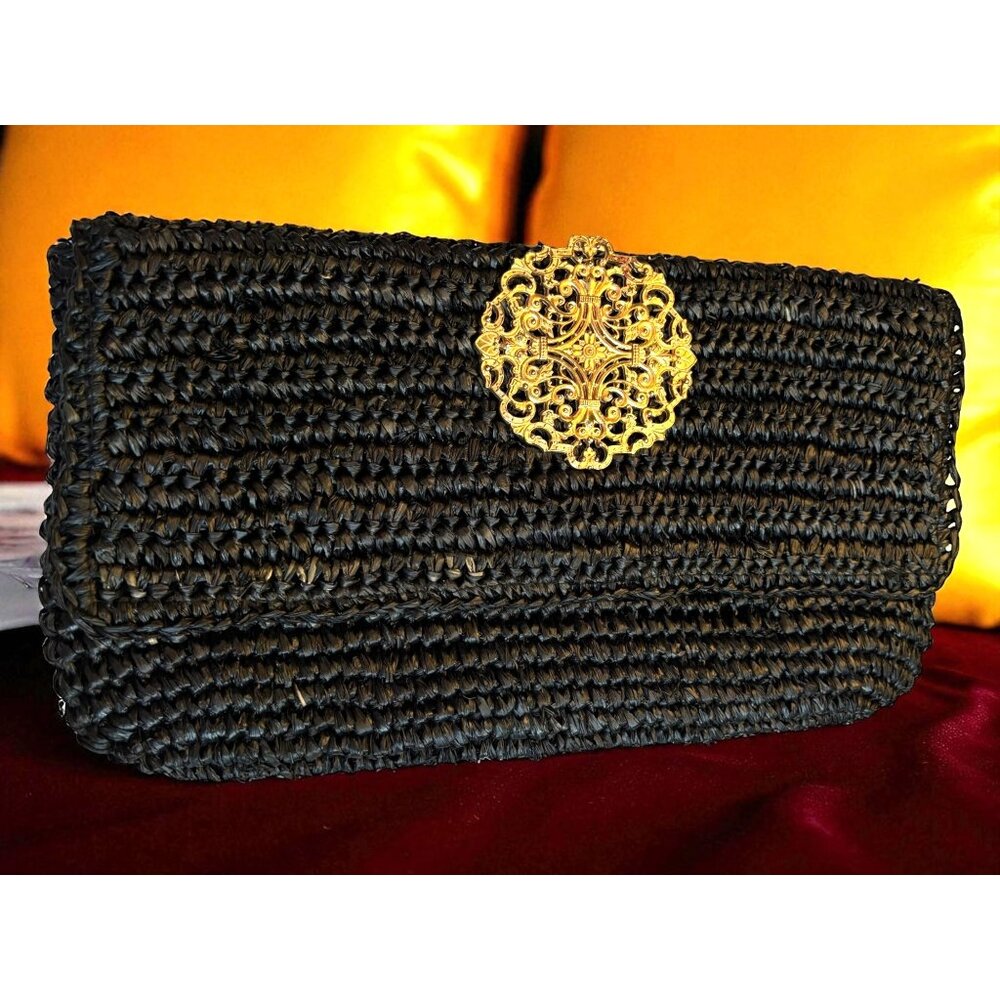 Vintage Tara Grinna  Black Raffia Clutch Purse With Charm 7x13
